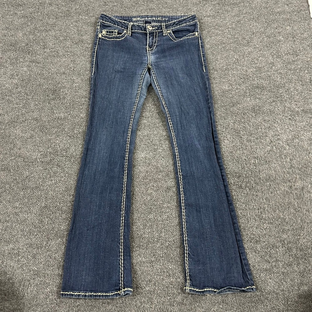Blue Asphalt Jeans Womens Size 9 Blue Flare Thick Stitch Y2K Low Rise Distressed